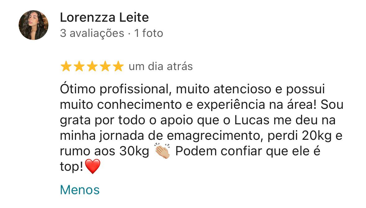 Avaliação de 5 estrelas no Google: paciente relata ter perdido 20kg com o método NEXO